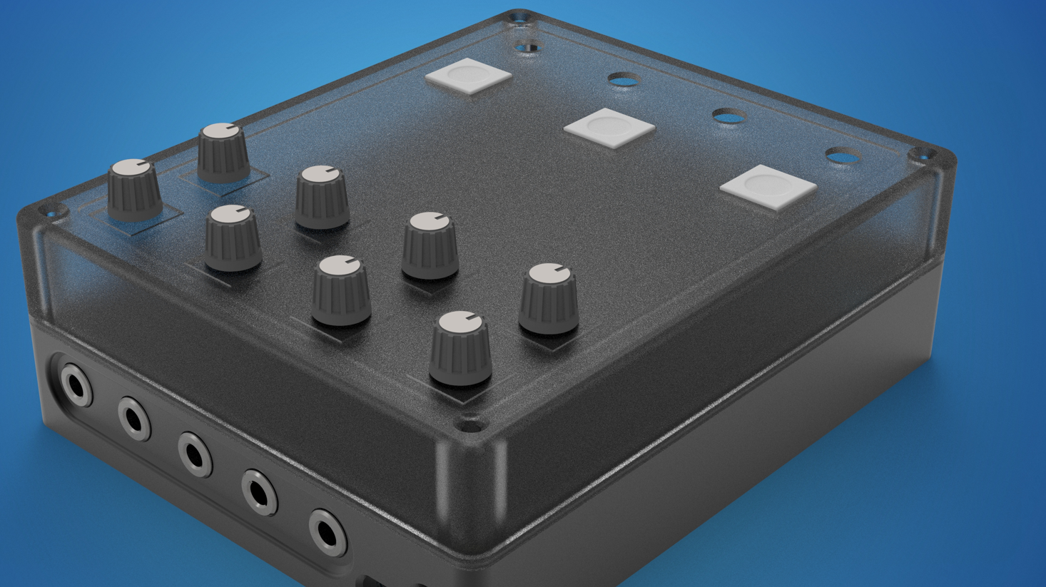 Rendered A3000 inspired audio product enclosure with controls and display.